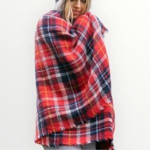 Aerie Women’s Oversized Classic Plaid Cozy Blanket Scarf Fringe Trim Red 58x58”